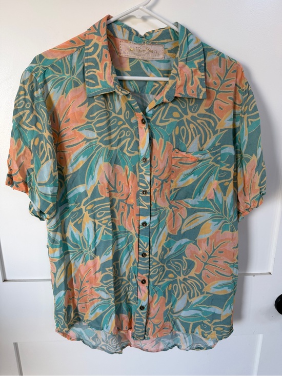 Jen’s Pirate Booty Tops - Jen’s Pirate Booty  Tropical Button-Up Shirt - Teal & Peach Medium Hawaiian top